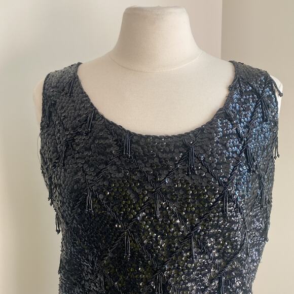 VINTAGE Sequin Tank Womens Sz Large 100% Wool Black Cocktail Holiday - Picture 3 of 7